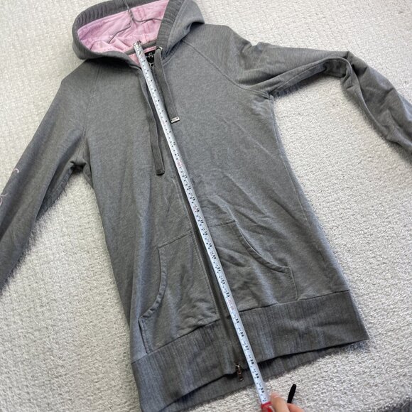 Y2K Oakley Full Zip Hoodie Wom MGrey / Pink Flower Sleeve AOP Boho Hooded Strech - Picture 11 of 16